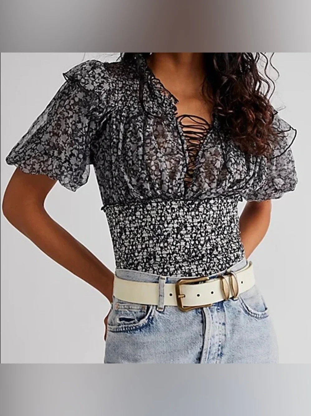 Free People “Beatrice” flouncy black/white boho top